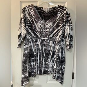 ONE WORLD Brown and White Graphic Tunic 3/4 Sleeve